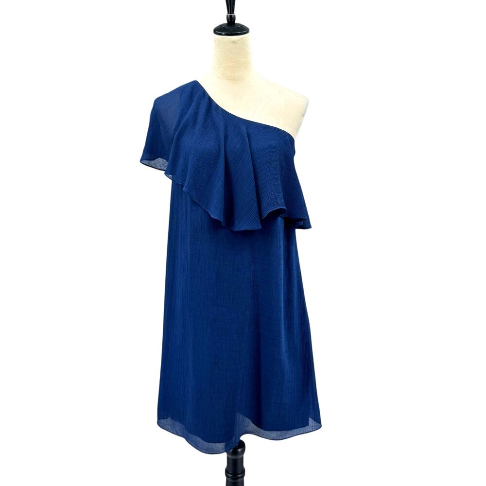 Cece Navy Blue One Shoulder Ruffle Chiffon Back Zip Flirty Cute Chic Mini Dress